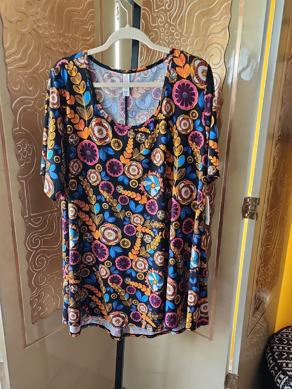 LuLaRoe Black Floral Scoop Neck Tunic with Blue, Purple & Gold Accents